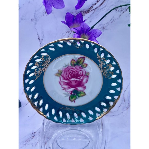 Royal Halsey teacup & filigree saucer Lusterware, green, hand painted, beautiful - Picture 7 of 12